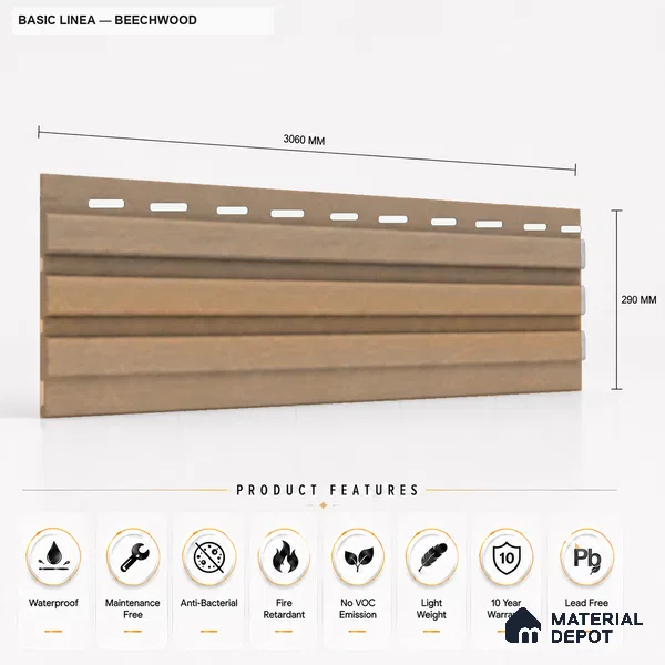 Beech Wood 10 ft x 0.5 ft (3060x150 mm) Linea Design Interior & Exterior Wall & Ceiling Panel - 15 mm | Suitable for Balcony, Facade & Open Area | Width is Subjected to 5% Variation