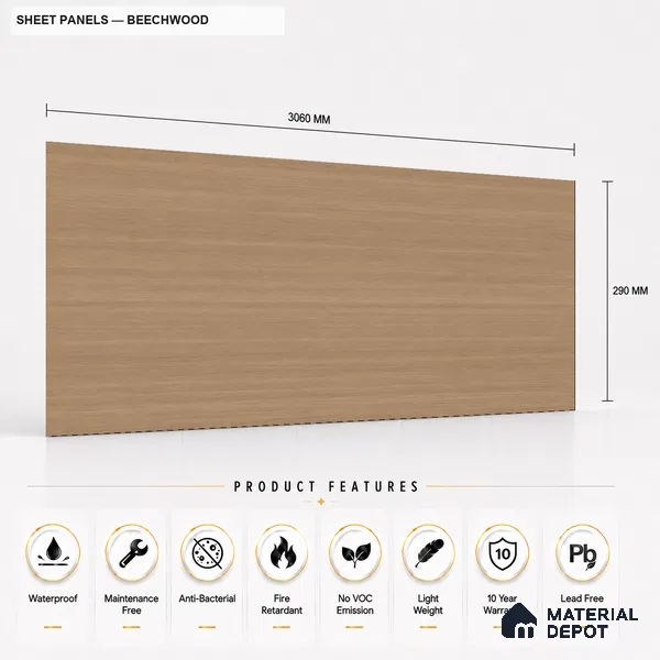 Beech Wood 10 ft x 1.3 ft (3060x400 mm) Sheet Design Interior & Exterior Wall & Ceiling Panel - 1.1 mm | Suitable for Balcony, Facade & Open Area | Width is Subjected to 5% Variation