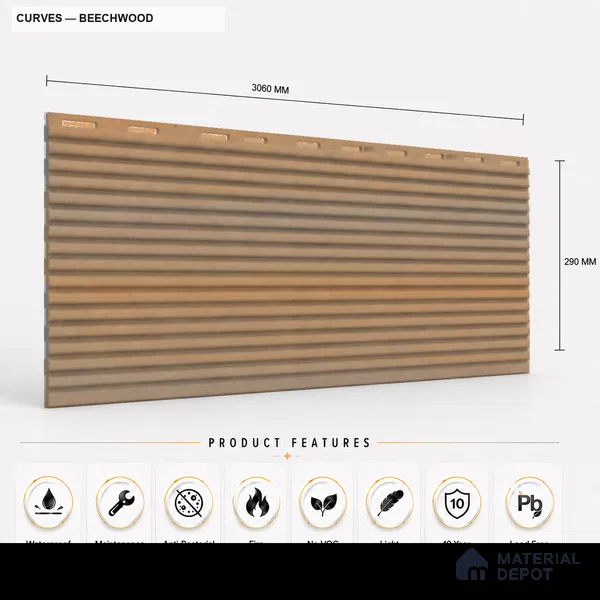 Beech Wood 10 ft x 0.68 ft (3060x208 mm) Curve Design Interior & Exterior Wall & Ceiling Panel - 10 mm | Suitable for Balcony, Facade & Open Area | Width is Subjected to 5% Variation