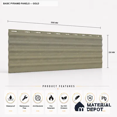 Gold 10 ft x 0.45 ft (3060x140 mm) Pyramid Design Interior & Exterior Wall & Ceiling Panel - 14 mm | Suitable for Balcony, Facade & Open Area | Width is Subjected to 5% Variation