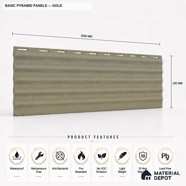 Gold 10 ft x 0.45 ft (3060x140 mm) Pyramid Design Interior & Exterior Wall & Ceiling Panel - 14 mm | Suitable for Balcony, Facade & Open Area | Width is Subjected to 5% Variation