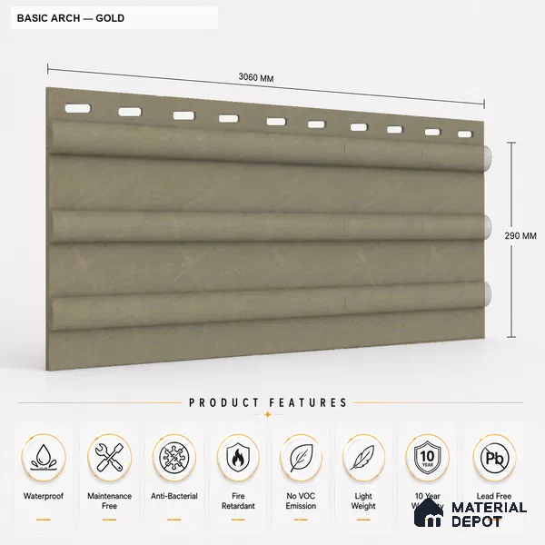 Gold 10 ft x 0.6 ft (3060x180 mm) Arch Design Interior & Exterior Wall & Ceiling Panel - 17 mm | Suitable for Balcony, Facade & Open Area | Width is Subjected to 5% Variation