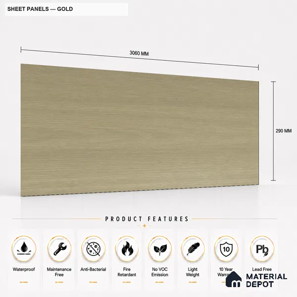 Gold 10 ft x 1.3 ft (3060x400 mm) Sheet Design Interior & Exterior Wall & Ceiling Panel - 1.1 mm | Suitable for Balcony, Facade & Open Area | Width is Subjected to 5% Variation