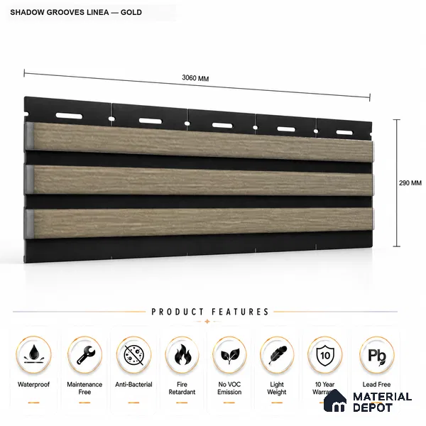 Gold 10 ft x 0.5 ft (3060x150 mm) Dual Tone Linea Design Interior & Exterior Wall & Ceiling Panel - 15 mm | Suitable for Balcony, Facade & Open Area | Width is Subjected to 5% Variation