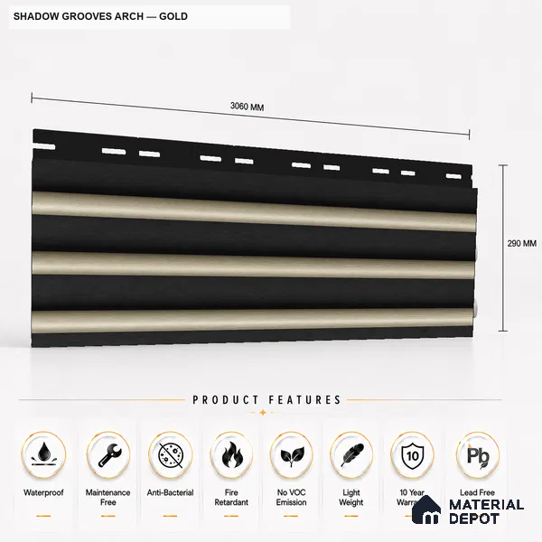 Gold 10 ft x 0.6 ft (3060x180 mm) Dual Tone Arch Design Interior & Exterior Wall & Ceiling Panel - 17 mm | Suitable for Balcony, Facade & Open Area | Width is Subjected to 5% Variation