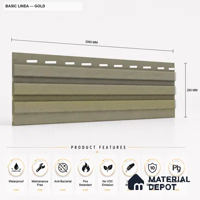 Gold 10 ft x 0.5 ft (3060x150 mm) Linea Design Interior & Exterior Wall & Ceiling Panel - 15 mm | Suitable for Balcony, Facade & Open Area | Width is Subjected to 5% Variation