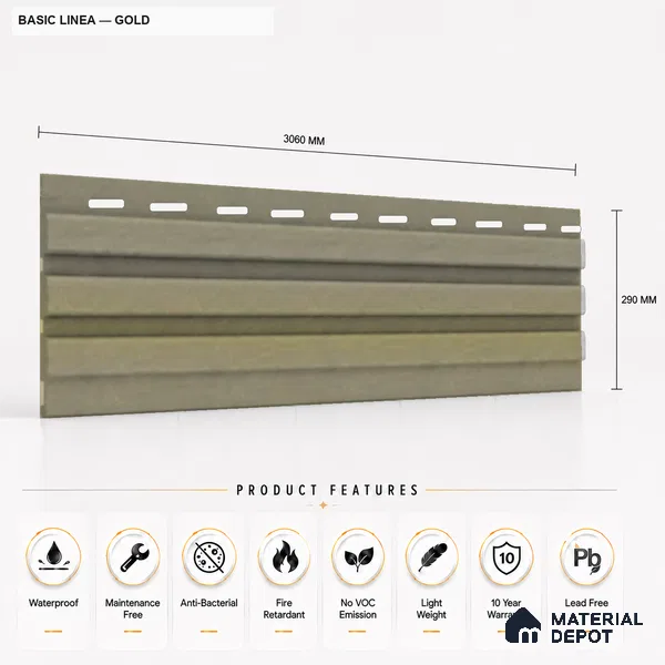 Gold 10 ft x 0.5 ft (3060x150 mm) Linea Design Interior & Exterior Wall & Ceiling Panel - 15 mm | Suitable for Balcony, Facade & Open Area | Width is Subjected to 5% Variation