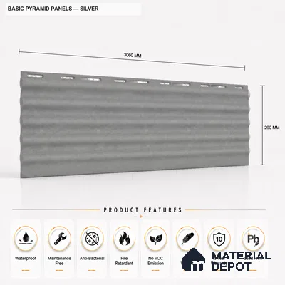Silver 10 ft x 0.45 ft (3060x140 mm) Pyramid Design Interior & Exterior Wall & Ceiling Panel - 14 mm | Suitable for Balcony, Facade & Open Area | Width is Subjected to 5% Variation