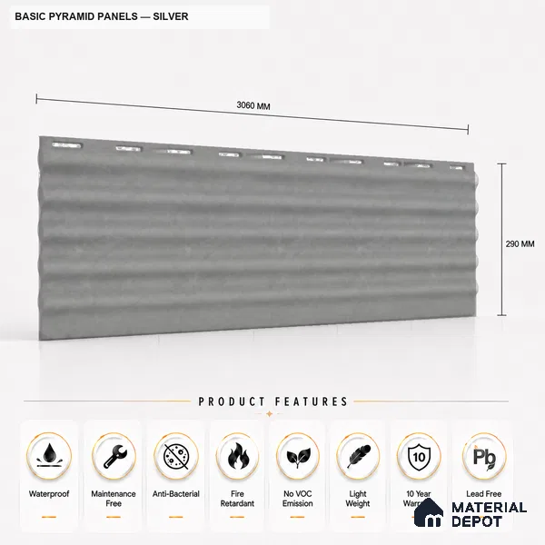 Silver 10 ft x 0.45 ft (3060x140 mm) Pyramid Design Interior & Exterior Wall & Ceiling Panel - 14 mm | Suitable for Balcony, Facade & Open Area | Width is Subjected to 5% Variation