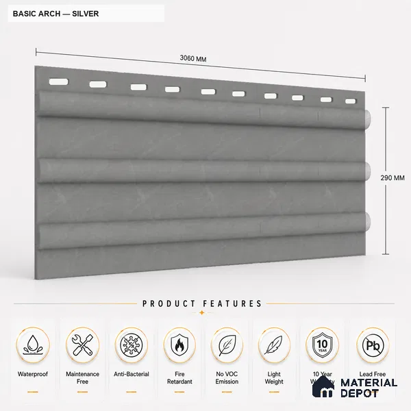 Silver 10 ft x 0.6 ft (3060x180 mm) Arch Design Interior & Exterior Wall & Ceiling Panel - 17 mm | Suitable for Balcony, Facade & Open Area | Width is Subjected to 5% Variation
