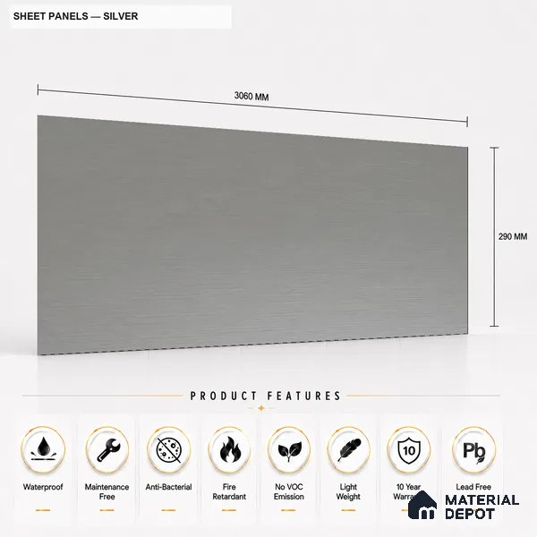 Silver 10 ft x 1.3 ft (3060x400 mm) Sheet Design Interior & Exterior Wall & Ceiling Panel - 1.1 mm | Suitable for Balcony, Facade & Open Area | Width is Subjected to 5% Variation