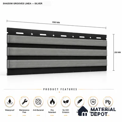 Silver 10 ft x 0.5 ft (3060x150 mm) Dual Tone Linea Design Interior & Exterior Wall & Ceiling Panel - 15 mm | Suitable for Balcony, Facade & Open Area | Width is Subjected to 5% Variation
