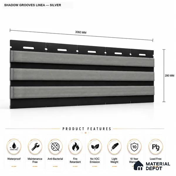 Silver 10 ft x 0.5 ft (3060x150 mm) Dual Tone Linea Design Interior & Exterior Wall & Ceiling Panel - 15 mm | Suitable for Balcony, Facade & Open Area | Width is Subjected to 5% Variation