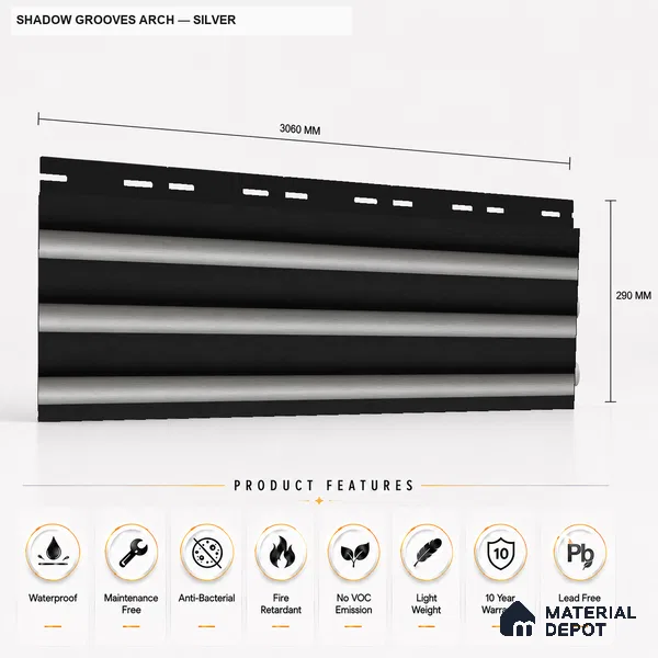Silver 10 ft x 0.6 ft (3060x180 mm) Dual Tone Arch Design Interior & Exterior Wall & Ceiling Panel - 17 mm | Suitable for Balcony, Facade & Open Area | Width is Subjected to 5% Variation