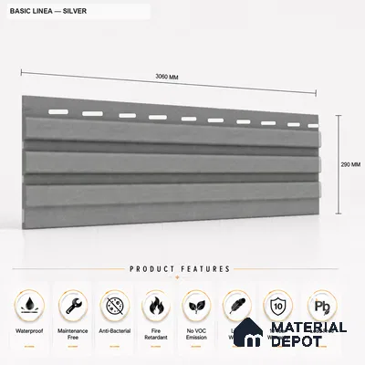 Silver 10 ft x 0.5 ft (3060x150 mm) Linea Design Interior & Exterior Wall & Ceiling Panel - 15 mm | Suitable for Balcony, Facade & Open Area | Width is Subjected to 5% Variation