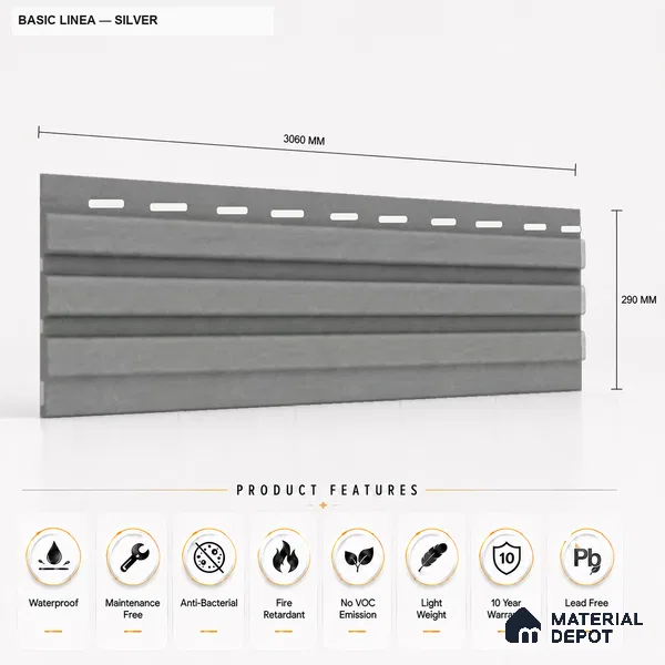Silver 10 ft x 0.5 ft (3060x150 mm) Linea Design Interior & Exterior Wall & Ceiling Panel - 15 mm | Suitable for Balcony, Facade & Open Area | Width is Subjected to 5% Variation