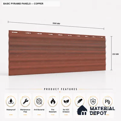 Copper 10 ft x 0.45 ft (3060x140 mm) Pyramid Design Interior & Exterior Wall & Ceiling Panel - 14 mm | Suitable for Balcony, Facade & Open Area | Width is Subjected to 5% Variation