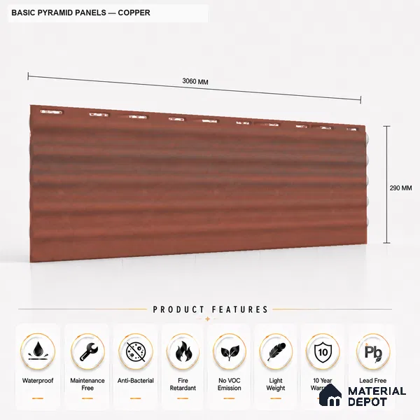 Copper 10 ft x 0.45 ft (3060x140 mm) Pyramid Design Interior & Exterior Wall & Ceiling Panel - 14 mm | Suitable for Balcony, Facade & Open Area | Width is Subjected to 5% Variation