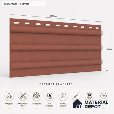 Copper 10 ft x 0.6 ft (3060x180 mm) Arch Design Interior & Exterior Wall & Ceiling Panel - 17 mm | Suitable for Balcony, Facade & Open Area | Width is Subjected to 5% Variation