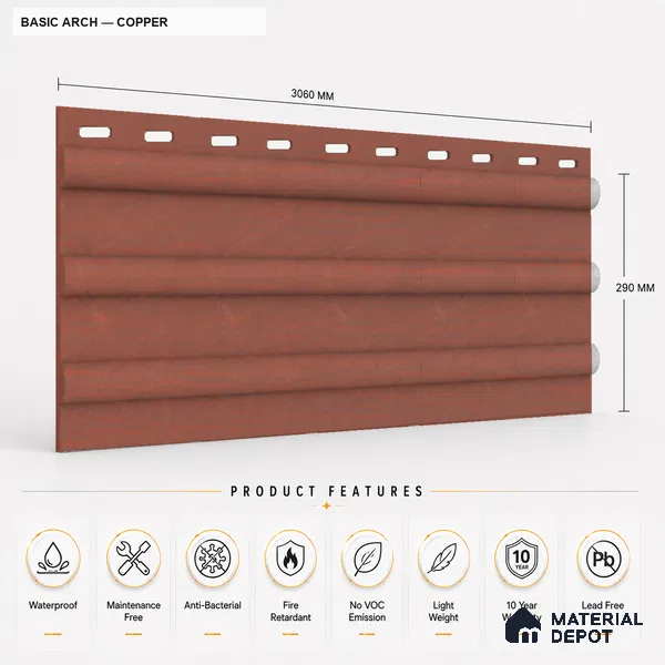 Copper 10 ft x 0.6 ft (3060x180 mm) Arch Design Interior & Exterior Wall & Ceiling Panel - 17 mm | Suitable for Balcony, Facade & Open Area | Width is Subjected to 5% Variation