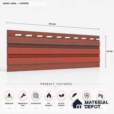 Copper 10 ft x 0.5 ft (3060x150 mm) Linea Design Interior & Exterior Wall & Ceiling Panel - 15 mm | Suitable for Balcony, Facade & Open Area | Width is Subjected to 5% Variation