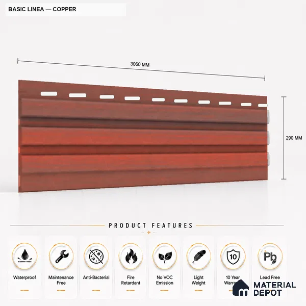 Copper 10 ft x 0.5 ft (3060x150 mm) Linea Design Interior & Exterior Wall & Ceiling Panel - 15 mm | Suitable for Balcony, Facade & Open Area | Width is Subjected to 5% Variation