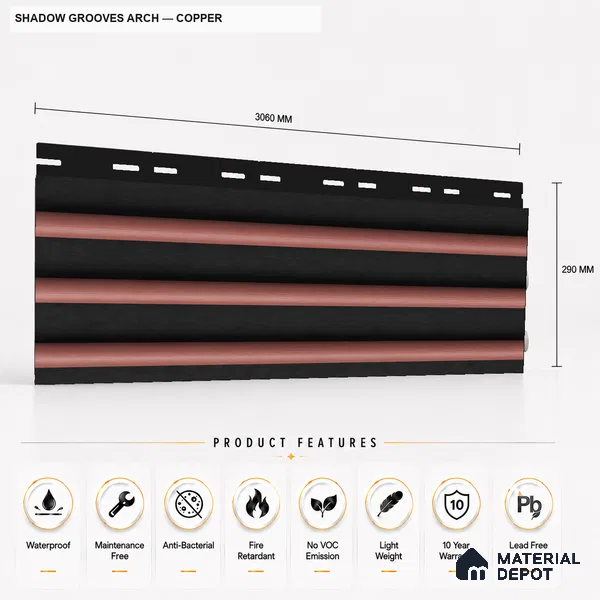 Copper 10 ft x 0.6 ft (3060x180 mm) Dual Tone Arch Design Interior & Exterior Wall & Ceiling Panel - 17 mm | Suitable for Balcony, Facade & Open Area | Width is Subjected to 5% Variation