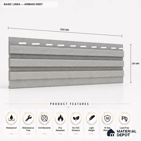 Armani Grey 10 ft x 0.5 ft (3060x150 mm) Linea Design Interior & Exterior Wall & Ceiling Panel - 15 mm | Suitable for Balcony, Facade & Open Area | Width is Subjected to 5% Variation