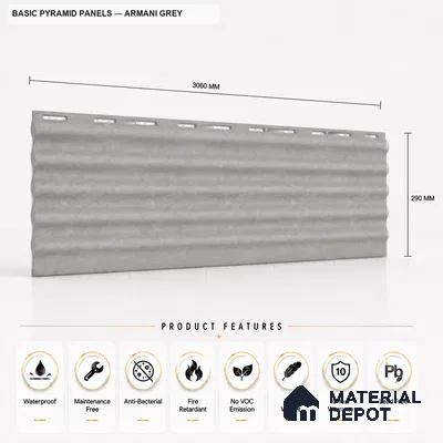 Armani Grey 10 ft x 0.45 ft (3060x140 mm) Pyramid Design Interior & Exterior Wall & Ceiling Panel - 14 mm | Suitable for Balcony, Facade & Open Area | Width is Subjected to 5% Variation