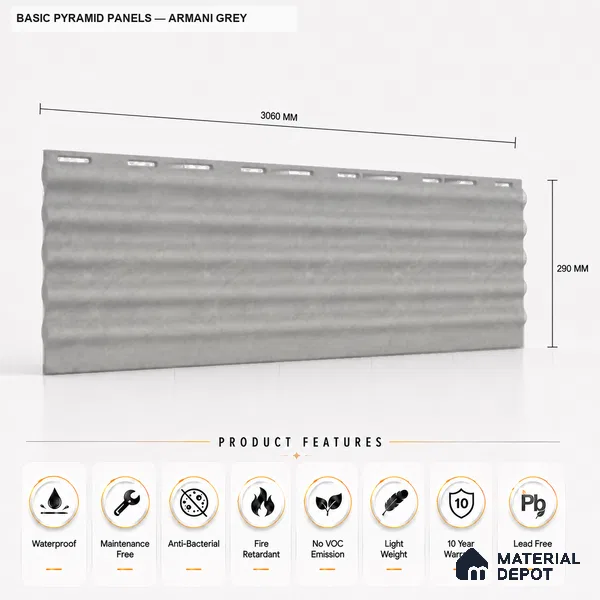 Armani Grey 10 ft x 0.45 ft (3060x140 mm) Pyramid Design Interior & Exterior Wall & Ceiling Panel - 14 mm | Suitable for Balcony, Facade & Open Area | Width is Subjected to 5% Variation