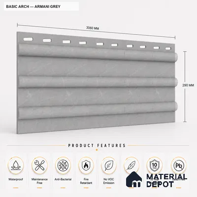 Armani Grey 10 ft x 0.6 ft (3060x180 mm) Arch Design Interior & Exterior Wall & Ceiling Panel - 17 mm | Suitable for Balcony, Facade & Open Area | Width is Subjected to 5% Variation