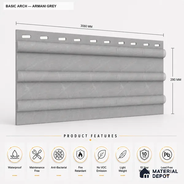 Armani Grey 10 ft x 0.6 ft (3060x180 mm) Arch Design Interior & Exterior Wall & Ceiling Panel - 17 mm | Suitable for Balcony, Facade & Open Area | Width is Subjected to 5% Variation