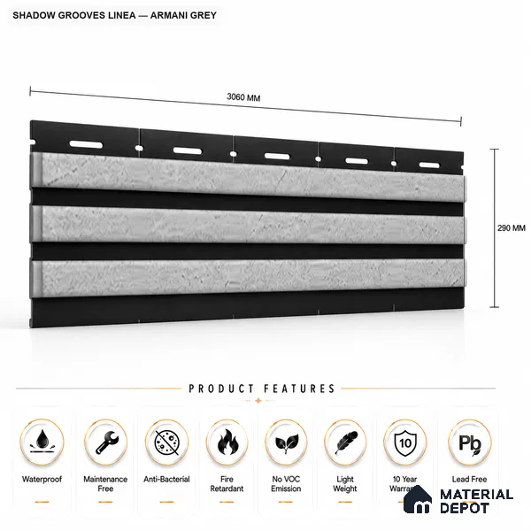Armani Grey 10 ft x 0.5 ft (3060x150 mm) Dual Tone Linea Design Interior & Exterior Wall & Ceiling Panel - 15 mm | Suitable for Balcony, Facade & Open Area | Width is Subjected to 5% Variation
