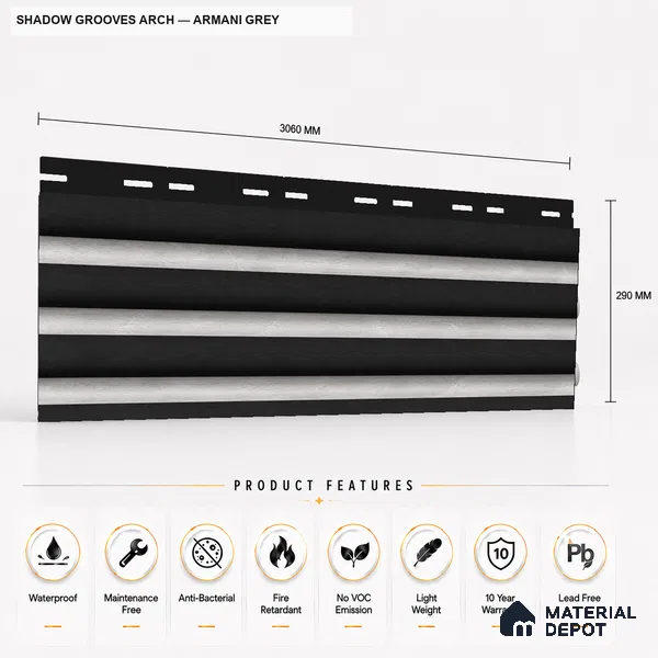 Armani Grey 10 ft x 0.6 ft (3060x180 mm) Dual Tone Arch Design Interior & Exterior Wall & Ceiling Panel - 17 mm | Suitable for Balcony, Facade & Open Area | Width is Subjected to 5% Variation