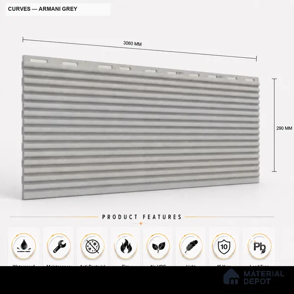 Armani Grey 10 ft x 0.68 ft (3060x208 mm) Curve Design Interior & Exterior Wall & Ceiling Panel - 10 mm | Suitable for Balcony, Facade & Open Area | Width is Subjected to 5% Variation