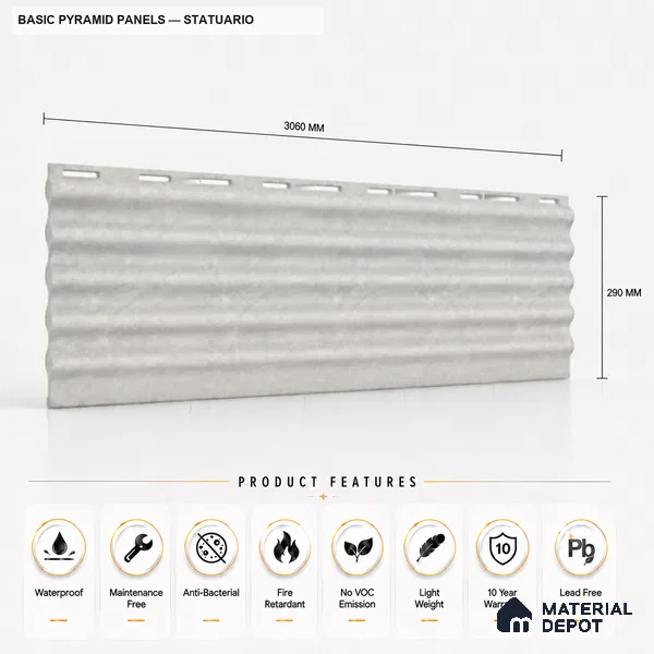 Statuario 10 ft x 0.45 ft (3060x140 mm) Pyramid Design Interior & Exterior Wall & Ceiling Panel - 14 mm | Suitable for Balcony, Facade & Open Area | Width is Subjected to 5% Variation