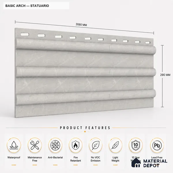 Statuario 10 ft x 0.6 ft (3060x180 mm) Arch Design Interior & Exterior Wall & Ceiling Panel - 17 mm | Suitable for Balcony, Facade & Open Area | Width is Subjected to 5% Variation