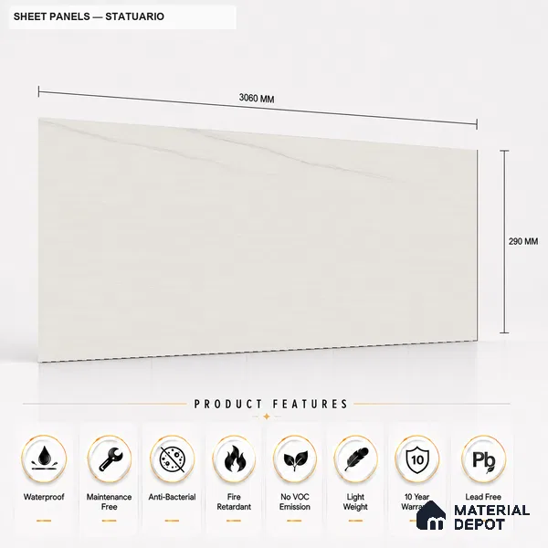 Statuario 10 ft x 1.3 ft (3060x400 mm) Sheet Design Interior & Exterior Wall & Ceiling Panel - 1.1 mm | Suitable for Balcony, Facade & Open Area | Width is Subjected to 5% Variation
