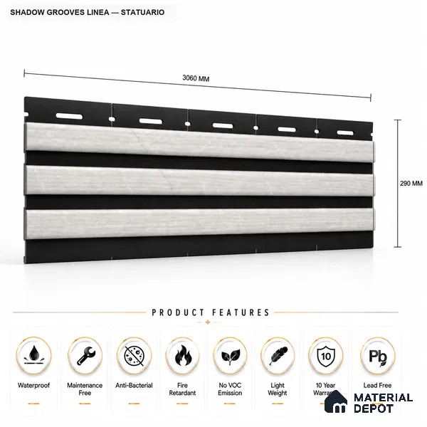 Statuario 10 ft x 0.5 ft (3060x150 mm) Dual Tone Linea Design Interior & Exterior Wall & Ceiling Panel - 15 mm | Suitable for Balcony, Facade & Open Area | Width is Subjected to 5% Variation