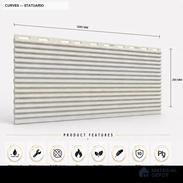 Statuario 10 ft x 0.68 ft (3060x208 mm) Curve Design Interior & Exterior Wall & Ceiling Panel - 10 mm | Suitable for Balcony, Facade & Open Area | Width is Subjected to 5% Variation