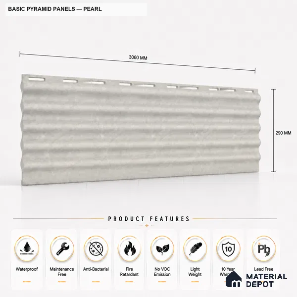 Pearl 10 ft x 0.45 ft (3060x140 mm) Pyramid Design Interior & Exterior Wall & Ceiling Panel - 14 mm | Suitable for Balcony, Facade & Open Area | Width is Subjected to 5% Variation