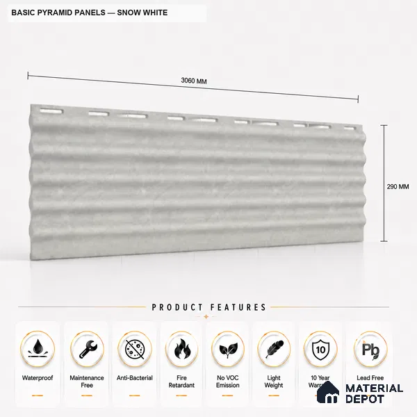 Snow White 10 ft x 0.5 ft (3060x150 mm) Pastel Pyramid Design Interior & Exterior Wall & Ceiling Panel - 15 mm | Suitable for Balcony, Facade & Open Area | Width is Subjected to 5% Variation