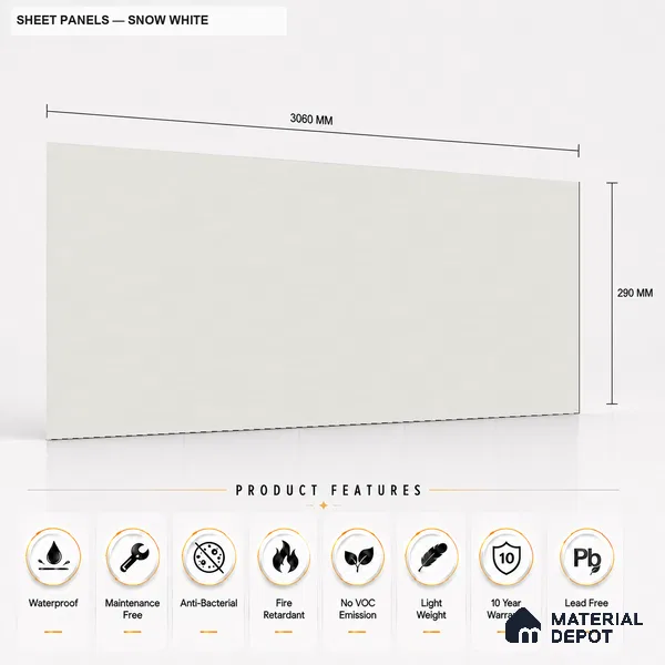Snow White 10 ft x 0.5 ft (3060x150 mm) Pastel Sheet Design Interior & Exterior Wall & Ceiling Panel - 15 mm | Suitable for Balcony, Facade & Open Area | Width is Subjected to 5% Variation