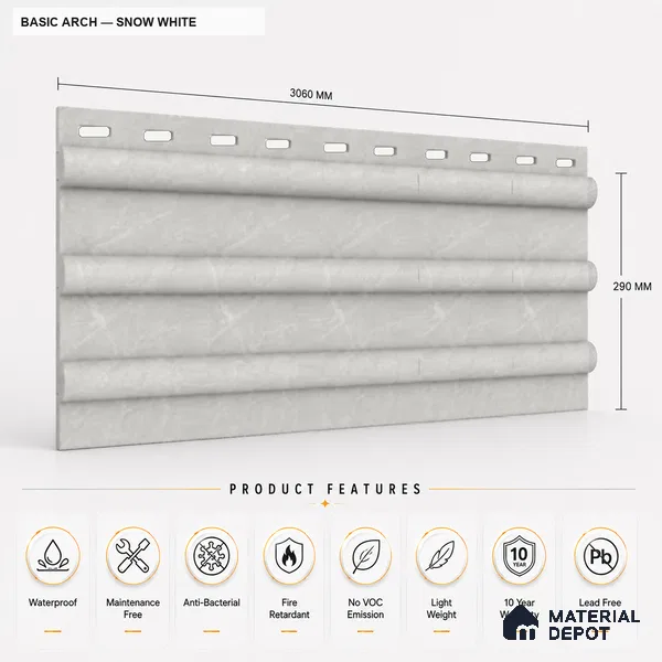 Snow White 10 ft x 0.6 ft (3060x180 mm) Pastel Arch Design Interior & Exterior Wall & Ceiling Panel - 17 mm | Suitable for Balcony, Facade & Open Area | Width is Subjected to 5% Variation