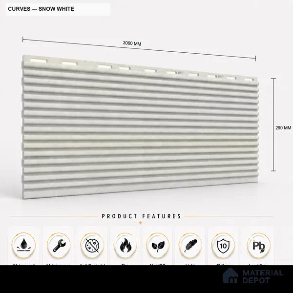 Snow White 10 ft x 0.68 ft (3060x208 mm) Curve Design Interior & Exterior Wall & Ceiling Panel - 10 mm | Suitable for Balcony, Facade & Open Area | Width is Subjected to 5% Variation