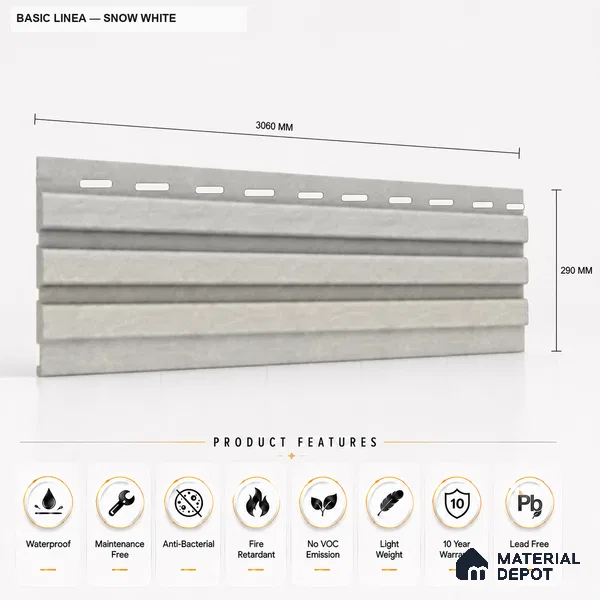 Snow White 10 ft x 0.5 ft (3060x150 mm) Pastel Linea Design Interior & Exterior Wall & Ceiling Panel - 15 mm | Suitable for Balcony, Facade & Open Area | Width is Subjected to 5% Variation