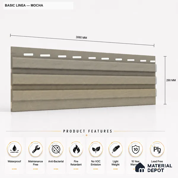 Mocha 10 ft x 0.5 ft (3060x150 mm) Pastel Linea Design Interior & Exterior Wall & Ceiling Panel - 15 mm | Suitable for Balcony, Facade & Open Area | Width is Subjected to 5% Variation