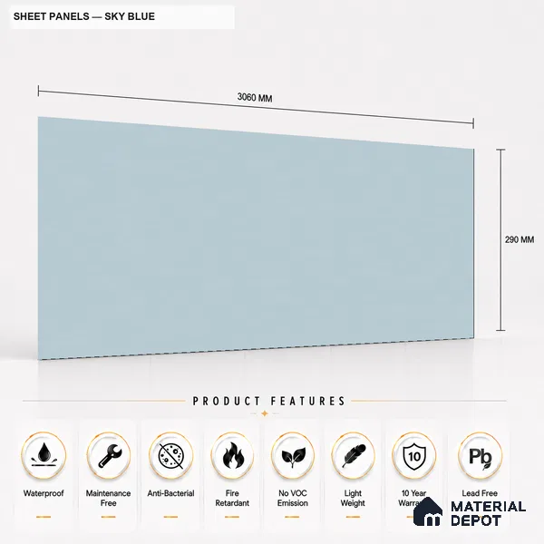 Sky Blue 10 ft x 0.5 ft (3060x150 mm) Pastel Sheet Design Interior & Exterior Wall & Ceiling Panel - 15 mm | Suitable for Balcony, Facade & Open Area | Width is Subjected to 5% Variation