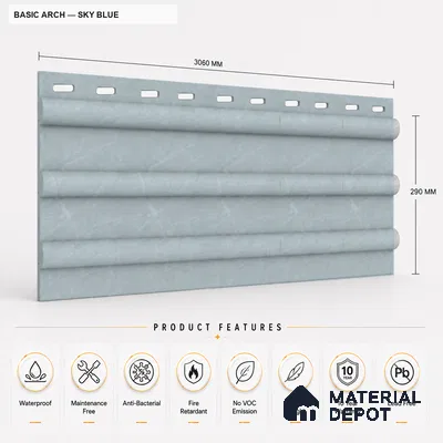 Sky Blue 10 ft x 0.6 ft (3060x180 mm) Pastel Arch Design Interior & Exterior Wall & Ceiling Panel - 17 mm | Suitable for Balcony, Facade & Open Area | Width is Subjected to 5% Variation