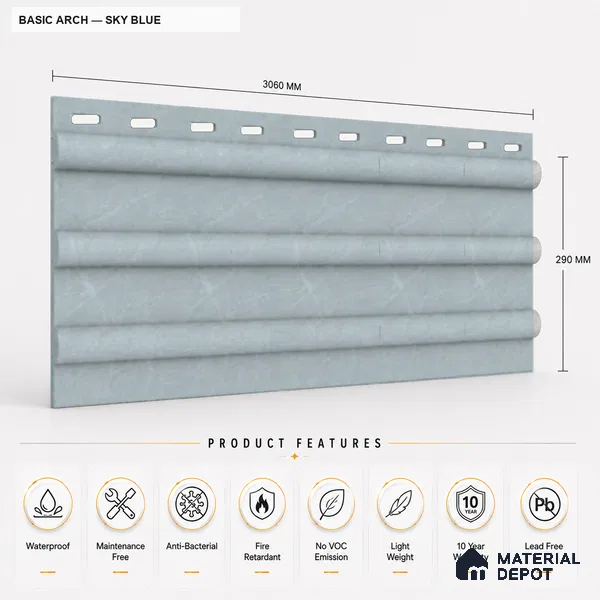 Sky Blue 10 ft x 0.6 ft (3060x180 mm) Pastel Arch Design Interior & Exterior Wall & Ceiling Panel - 17 mm | Suitable for Balcony, Facade & Open Area | Width is Subjected to 5% Variation